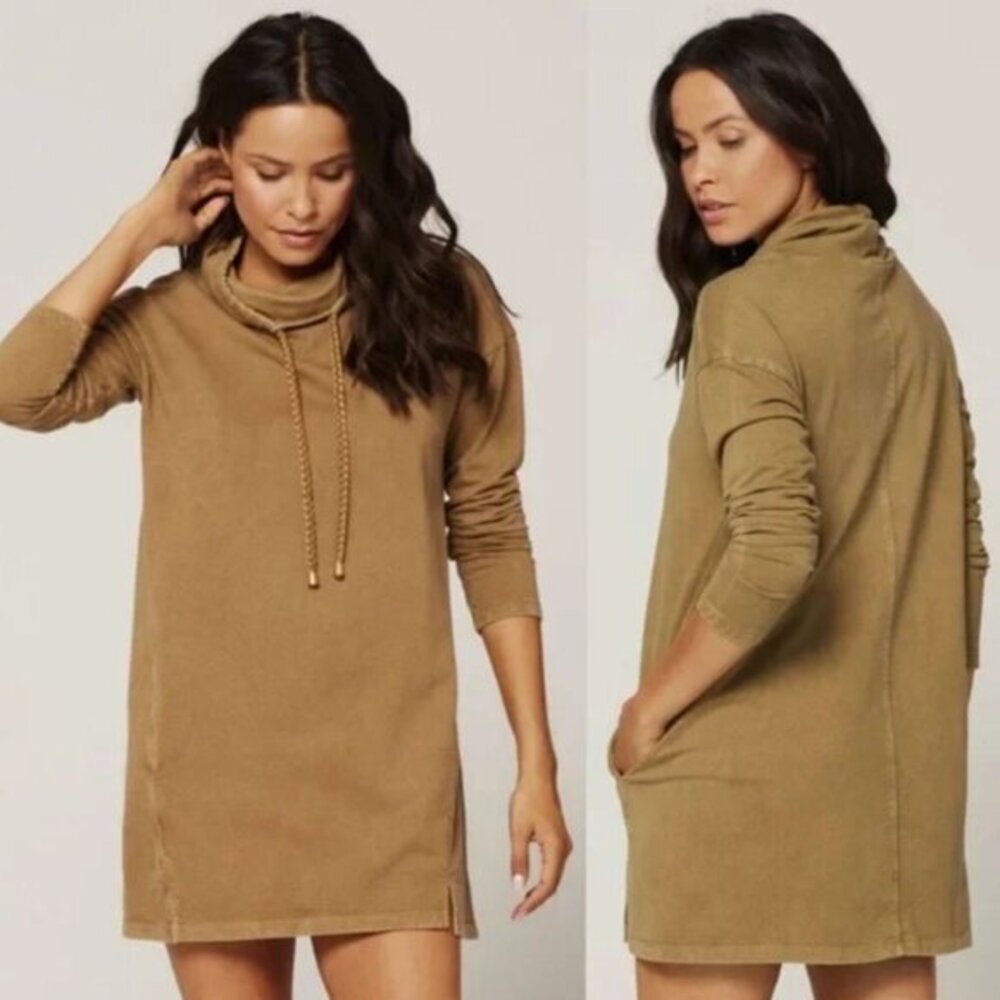 L*Space Daphne Sweatshirt Dress in Moss Tan Cotton Funnel Neck Tunic Size Large - Picture 1 of 8